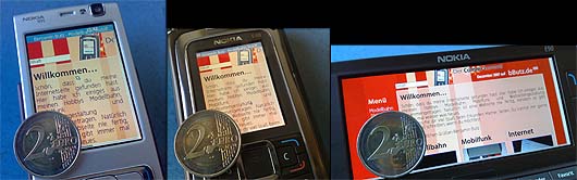 Tatsächliche Größenverhältnisse der Displays von Nokia N95 und E90.